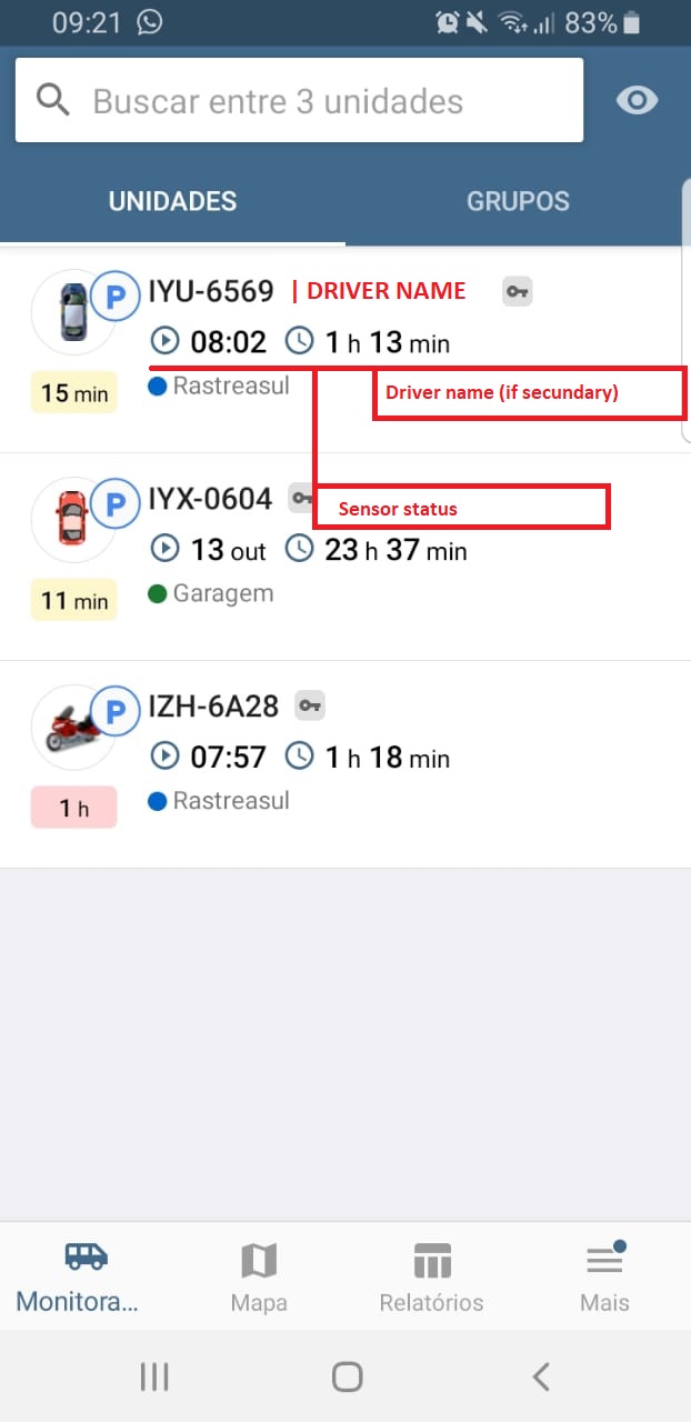 Driver Name and Sensor Status in Wialon mobile app
