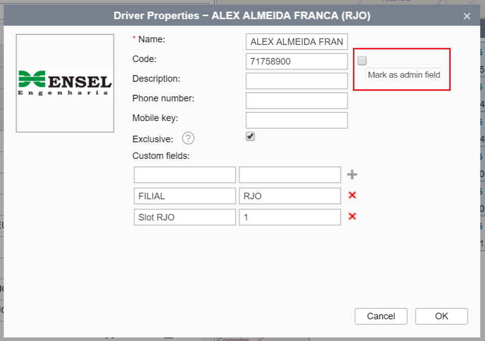 Hide "Code" field - Driver's Properties - Access Rights